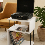 Zeus Plak,Pikap ve Gramofon Sehpası İki Katlı Yan Sehpa Beyaz